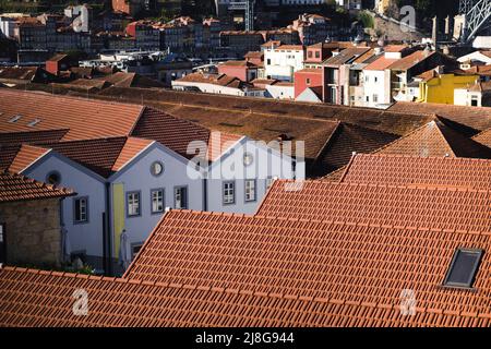 Vista sui tetti delle cantine portuali di Vila Nova de Gaia, Porto, Portogallo. Foto Stock