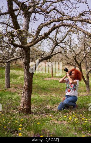 Red head curly fotografo donna fotografa stile di vita e paesaggio della campagna Foto Stock