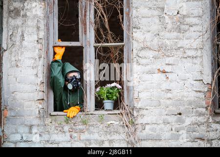 Un uomo in un impermeabile e maschera a gas raccoglie un fiore da una terra bruciata e velenosa. Concetto di inquinamento atmosferico. Catastrofia ecologica. Foto Stock