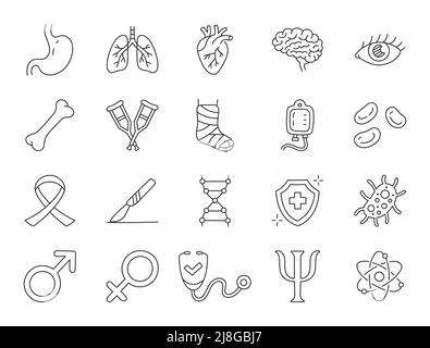 Illustrazione di doodle di specializzazione medica compreso le icone - stomaco, urologia, cardiologia, cuore, pulmonologey, immunologo, terapista, psicologo Illustrazione Vettoriale