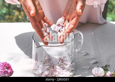 Donna che prepara l'acqua delle rose con petali rosa in una ciotola di vetro. Cura della pelle e spa, trattamenti di bellezza naturali, cosmetici fatti in casa. Foto Stock