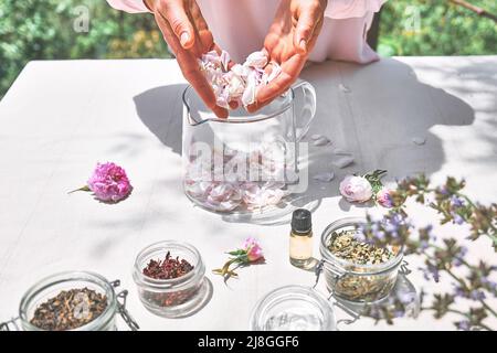 Donna che prepara l'acqua delle rose con petali rosa in una ciotola di vetro. Cura della pelle e spa, trattamenti di bellezza naturali, cosmetici fatti in casa. Foto Stock