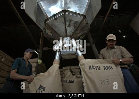 Lavoratori che impacchettano la polvere di tè in sacchi di carta presso la fabbrica di tè Kayu Aro nel villaggio di Kersik Tuo, Kayu Aro, Kerinci, Jambi, Indonesia. Foto Stock