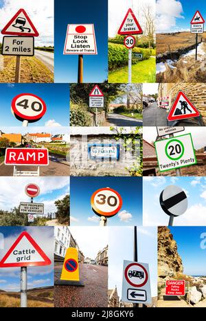 UK Road Signs Montage UK Road Signs to be obbeyed. uk Road Signs montage, uk Road Signs, Road Signs, montage, Road Signs, warning, pericolo, limite di velocità, no par Foto Stock