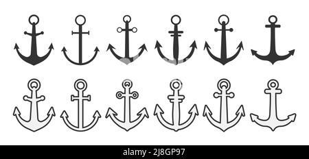 raccolta di ancoraggi isolati su sfondo bianco, illustrazione vettoriale marittima Illustrazione Vettoriale