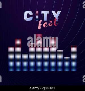 Logo City Fest. Icona creativa o banner per il festival di musica elettronica. Strumento musicale o blogger logotipo idea. Copertina dell'album con 3D skyscr Illustrazione Vettoriale