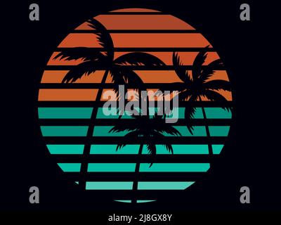 Palme sullo sfondo di un sole retrò nello stile del 80s. Retro futuristico sole con palme in stile sinthwave. Design per brochure, Illustrazione Vettoriale