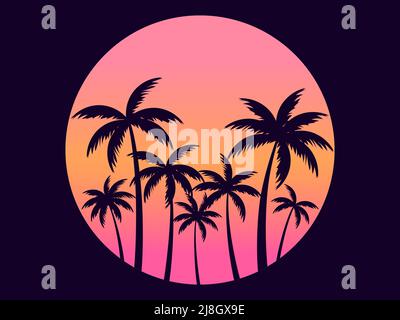 Palme contro un sole gradiente. Contorni di palme tropicali al tramonto, Miami. Progettazione di opuscoli pubblicitari, banner, poster, agenci di viaggio Illustrazione Vettoriale