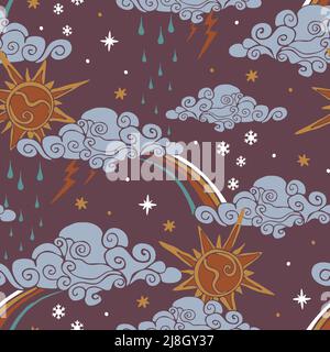 Pattern vettoriale senza cuciture con clima mite su sfondo marrone. Disegno a mano sole e nuvole carta da parati design. Tessile moda arcobaleno estate. Illustrazione Vettoriale