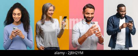 Collage di file di foto con persone diverse hanno ricevuto messaggi, persone multirazziali con smartphone, utilizzando l'app mobile, chat online in piedi isolato su sfondo colori Foto Stock