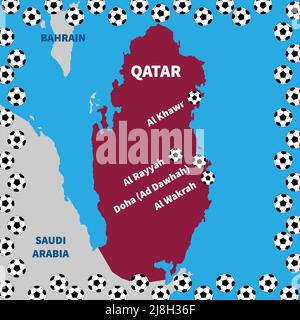 Poster calcistico con cornice palline da calcio. Silhouette Qatar color maroon al centro. Cinque città principali del Qatar identificate da emblemi circolari di calcio palla. S Illustrazione Vettoriale