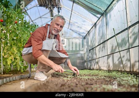 Uomo che guarda la macchina fotografica accoccolato vicino serra giardino Foto Stock