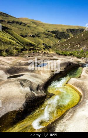 Un piccolo ruscello di montagna che intaglia il suo motivo su un affioramento roccioso nelle montagne Drakensberg del Sud Africa in una giornata estiva limpida e soleggiata Foto Stock