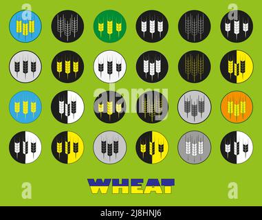 Icone grano impostate. Illustrazione. L'iscrizione grano nei colori della bandiera dell'Ucraina. Illustrazione Vettoriale