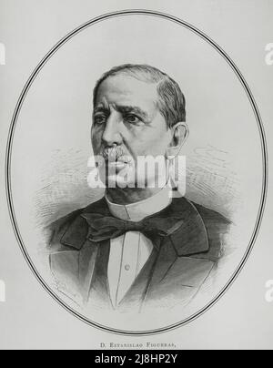 Estanislao Figueras y Moragas (1819-1882). Politico spagnolo. Primo Presidente della prima Repubblica spagnola nel 1873. Incisione di Arturo Carretero, 1882. Foto Stock