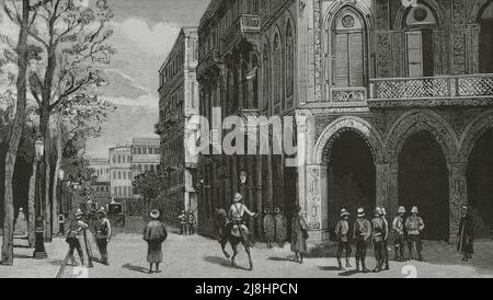 Egitto. Occupazione del Cairo da parte degli inglesi. Via Esbekiyeh, chiamata dagli europei 'Hotel-Seseheard', in cui molti generali britannici hanno ospitato. Incisione, 1882. Foto Stock