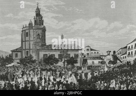 Spagna, Galizia, Pontevedra. I festeggiamenti della città. Processione di 'la Peregrina' il 15th agosto. Incisione, 1882. Foto Stock
