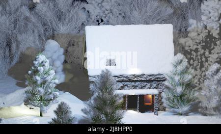 Sfondo di Natale e paesaggio invernale con casa nella neve e pini in foresta. 3D rappresentazione illustrazione. Foto Stock