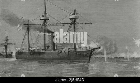Intervento dell'esercito britannico in Egitto, 1882. Eventi di Alessandria. Il cannoniere a vapore britannico HMS Condor, comandato da Lord Charles Beresford, bombardando Fort Marabout. Incisione di Capuz, 1882. Foto Stock