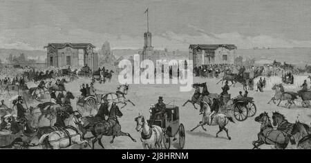 Spagna, Madrid. Incontro primaverile presso l'Ippodromo della Castellana (Hipódromo de la Castellana), noto anche come Ippodromo di Madrid. Dintorni dell'ippodromo. Incisione, 1882. Foto Stock