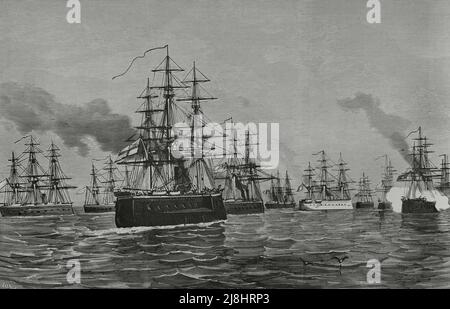 Eventi in Egitto, 1882. Arrivo della flotta anglo-francese a Souda Bay, vicino ad Alessandria. Incisione di vela, 1882. Foto Stock