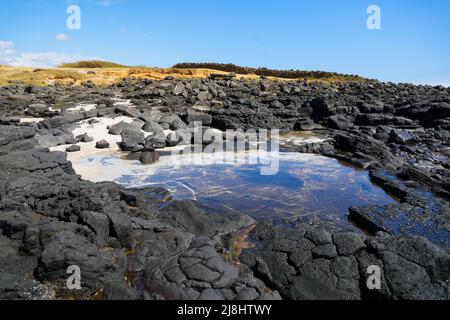 Piscine di marea su roccia lavica vulcanica articolata colonnare nel South Point Park, il punto più meridionale degli Stati Uniti sulla Big Island delle Hawaii in Foto Stock