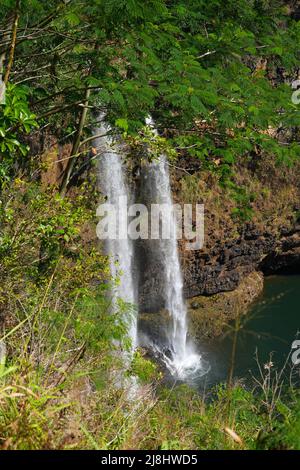 Cascate gemelle di Wailua vicino a Lihue su Kauai, la Garden Island delle Hawaii, Stati Uniti Foto Stock