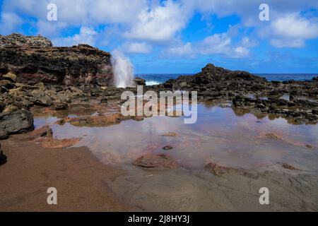 Geyser marino di Nakelele Blowhole su Maui occidentale nelle Isole Hawaiane, USA - Sput d'acqua su roccia vulcanica creato dalle onde del Pacifico Oce Foto Stock