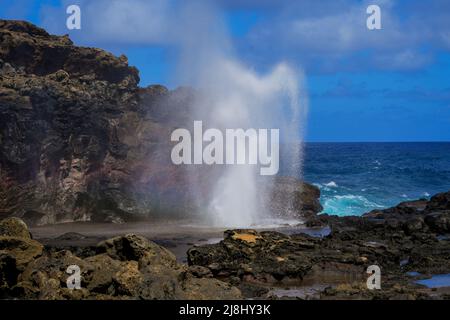 Geyser marino di Nakelele Blowhole su Maui occidentale nelle Isole Hawaiane, USA - Sput d'acqua su roccia vulcanica creato dalle onde del Pacifico Oce Foto Stock