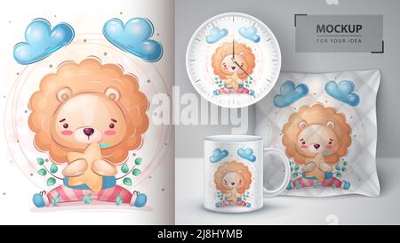 Lion con poster a stelle e merchandising. Illustrazione Vettoriale