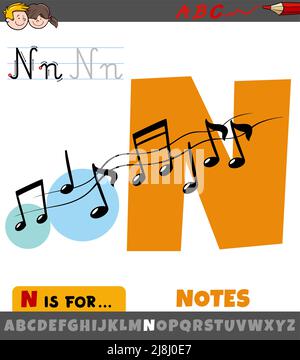 Illustrazione di cartoni animati educativi della lettera N dall'alfabeto con note musicali Illustrazione Vettoriale