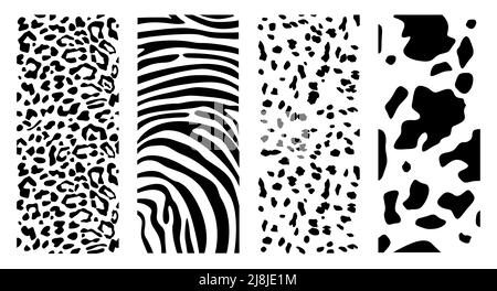 Set di tessuti cutanei animali. Pattern vettoriale verticale. Stampa modello Dalmazia, leopardo, mucca e zebra Illustrazione Vettoriale