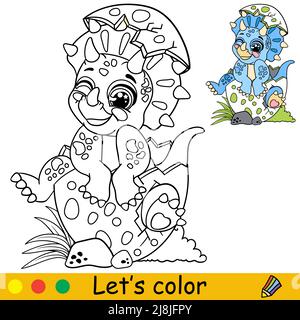 Cartoon carino bambino dinosauro blu Triceratops seduto in uovo. Colorare la pagina del libro con il modello colorato per i bambini. Illustrazione isolata dal vettore. Per colo Illustrazione Vettoriale