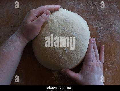 Le mani delle donne impastano l'impasto 2 Foto Stock