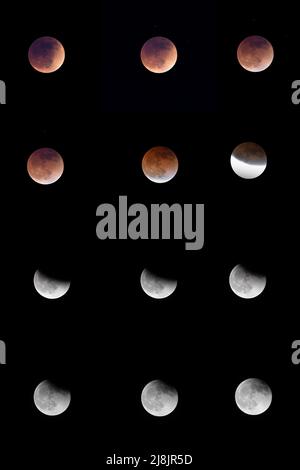 Un'eclissi lunare totale che si verifica il 15 maggio 2022, visto da Los Angeles, California. Foto Stock