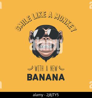Sorridi come una scimmia con una Nuova Banana. Vettore sorridente Chimpanzee Ape con occhiali da sole, citazione tipografica. Funny Monkey Head con occhiali per Wall Art, T Illustrazione Vettoriale