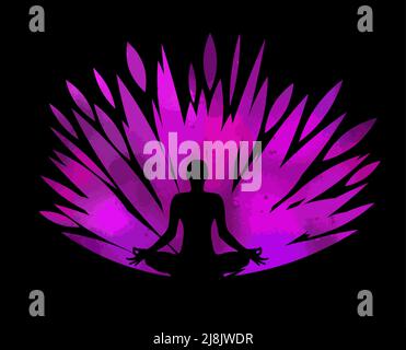 Logo Yoga. Posizione Lotus. Illustrazione vettoriale. Silhouette umana con fiore di loto Illustrazione Vettoriale