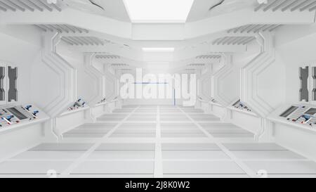 All'interno della navicella spaziale o della stazione spaziale, tunnel Sci-Fi, corridoio con sfondo vuoto, rendering 3D Foto Stock