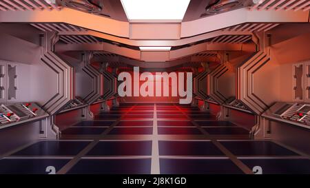 All'interno della navicella spaziale o della stazione spaziale, tunnel Sci-Fi, corridoio con sfondo vuoto, rendering 3D Foto Stock