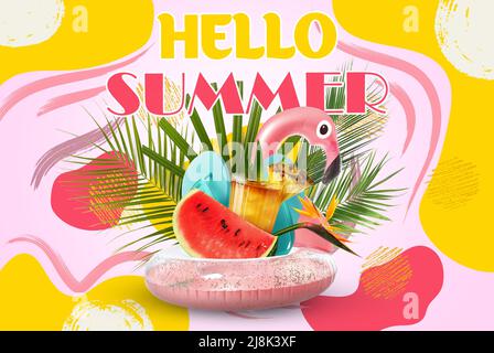 Collage con cocktail, anello gonfiabile, frutta, foglie tropicali e testo CIAO ESTATE Foto Stock