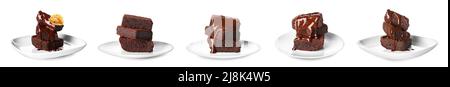 Set di pezzi di brownie al cioccolato su sfondo bianco Foto Stock
