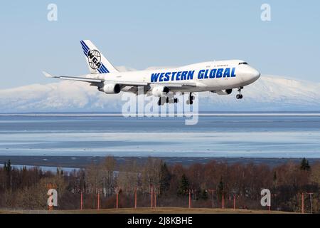 Aereo B747 della WGA Cargo aereo che atterra in Anchorage Airport, Alaska. Montagna di neve dietro l'aeromobile da carico Western Global Airlines Boeing 747. Foto Stock