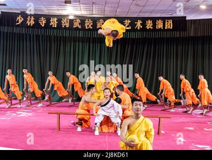 Gli apprendisti del famoso Tempio Shaolin a Dengfeng, Henan, Cina, svolgono le loro arti marziali e abilità acrobatiche. Foto Stock