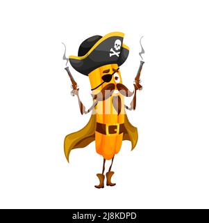 Cartoon messicano churros pirata capitano personaggio. Happy Vector tex mex fastfood filibuster indossare cappello, occhio patch e cape tenere pistole a vapore. Divertente fast food buccaneer gioco personage Illustrazione Vettoriale