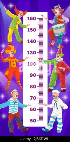Tabella altezza bambini, crescita clown shapito circus. Righello per parete vettoriale per la misurazione dell'altezza dei bambini con personaggi fumettisti. Scala con grandi harlequins top, funster in costumi luminosi Illustrazione Vettoriale
