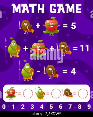 Cartoon mela, pera, kiwi frutta matematica foglio di lavoro gioco, formazione labirinto. Matematico per lo sviluppo di numerazioni vettoriali e abilità matematiche con divertenti personaggi supereroi, enigma educativa per i bambini imparare Illustrazione Vettoriale
