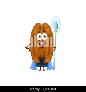 Cartoon pecan Nut wizard o mago con magic staff e cape. Sorcerer vettoriale di noci, vecchio saggio, personaggio di warlock o mago con il viso sorridente carino e la barba marrone, personaggio fiabesco Illustrazione Vettoriale
