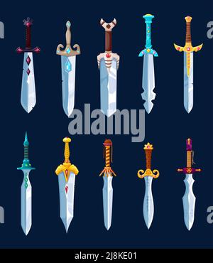 Spade magiche, lame in acciaio cartoon, violino e glavie, sciabola, spada larga. Pugnale vettoriale e cavaliere a stiletto decorato con gemme preziose, arma guerriero risorsa di gioco UI, armatura magica isolata Illustrazione Vettoriale