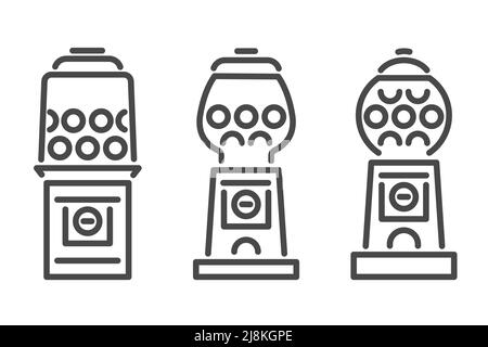 Set di icone linea macchina Gumball. Distributore automatico retrò per caramelle e bubblegumi. Illustrazione del vettore di slot dei dolci isolato su sfondo bianco Illustrazione Vettoriale
