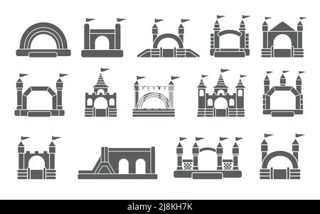 Castello gonfiabile rimbalzoso. Torre e attrezzature per il parco giochi per bambini. Saltando casa segno. Icone di silhouette vettoriale glifo impostate. Illustrazione Vettoriale